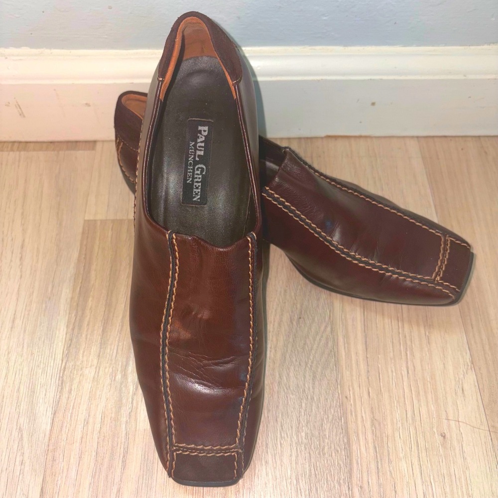 Paul Green Munchen Brown Leather Square Toe Loafers Slip On Shoes Women's 6.5